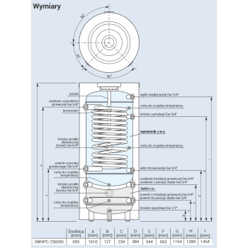 Zbiornik do pomp ciepła. Wymiennik cwu stojący 235 l. z wężownicą o powieżchni 2,7m2 i zbiornikiem buforowym co 60 litrów SWVPC-250/60.PL