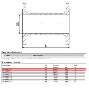 Króciec dwukołnierzowy FF 80 L-1000 8 otworowy, żeliwo sferoidalne AVK