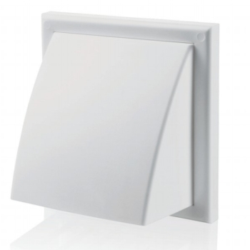 Wylot ścienny 154x154 mm z zaworem zwrotnym, okapem i kołnierzem fi 100 mm, biały VENTIKA