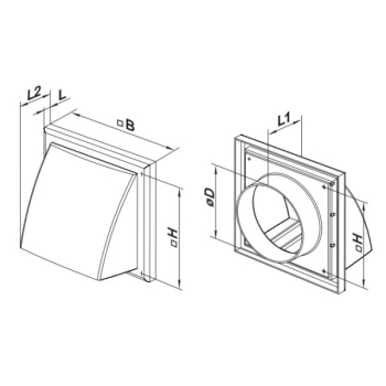 Wylot ścienny 154x154 mm z zaworem zwrotnym, okapem i kołnierzem fi 100 mm, biały VENTIKA