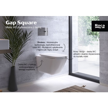 GAP SQUARE RIMLESS ZESTAW Miska WC podwieszana Rimless + deska wolnoopadająca ultraslim duroplast ROCA