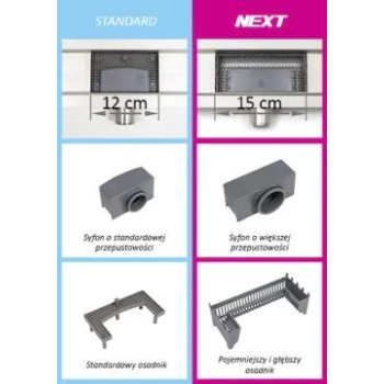 Balneo Duplex Next Inox Odpływ liniowy 80 cm dwustronny ze stali nierdzewnej szczotkowanej z niskim syfonem i głębokim osadnikiem