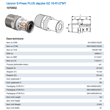 Uponor S-Press PLUS złączka z gwintem zewn. 16-R1/2