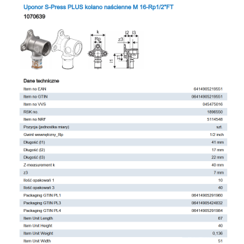 Uponor S-Press PLUS kolano naścienne 16-Rp1/2