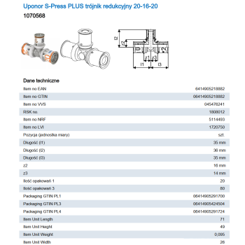 Uponor S-Press PLUS trójnik redukcyjny 20-16-20