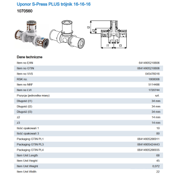 Uponor S-Press PLUS trójnik 16-16-16