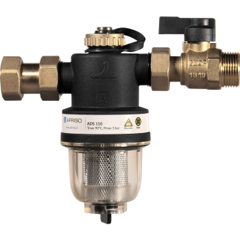 Kompaktowy magnetyczny separator zanieczyszczeń ADS 110, uniwersalne przyłącza G3/4", Kvs 5,2 m3/h, z zaworem odcinającym i złączką AFRISO