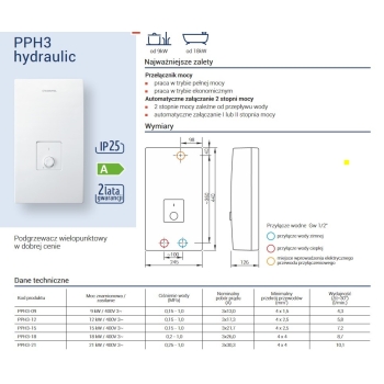 Elektryczny przepływowy podgrzewacz wody PPH3-12 hydraulic 12kW KOSPEL