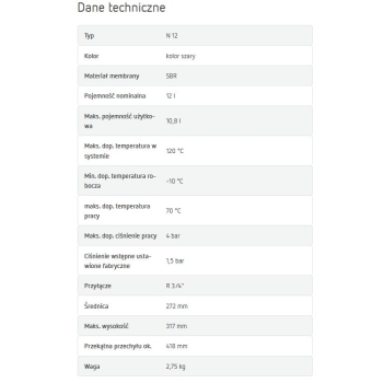 Naczynie przeponowe CO 12L N-12, przyłącze 3/4