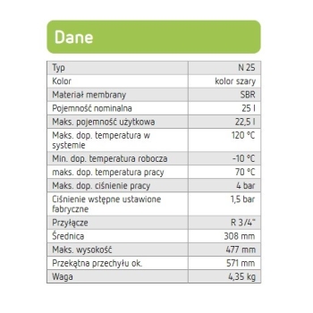 Naczynie przeponowe CO 25L N-25, przyłącze 3/4