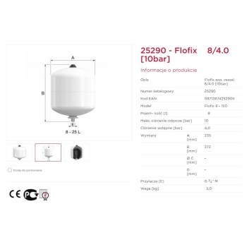 Naczynie przeponowe CWU 8L ciśnienie wstępne 4 bary, maksymalne 10 bar FLOFIX FLAMCO