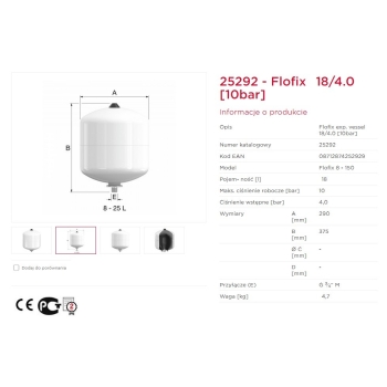 Naczynie przeponowe CWU 18L ciśnienie wstępne 4 bary, maksymalne 10 bar FLOFIX FLAMCO