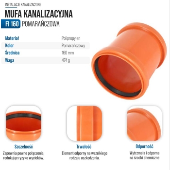Nasuwka kanalizacyjna 160, złączka, mufa, pomarańczowa