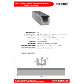 Korytko betonowe ruszt żeliwny V150/200 1m 210x220 E600 WIBROPRASOWANE BIELBET