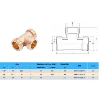 Trójnik mosiężny wkrętny mosiężny 1/2 x 1/2 x 1/2 ( DN15 x DN15 x DN15 ) GZ/GZ/GZ