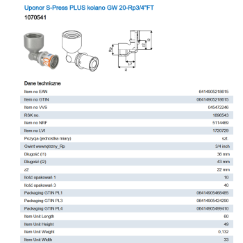 Uponor S-Press PLUS kolano z gwintem wewn. 20-Rp3/4