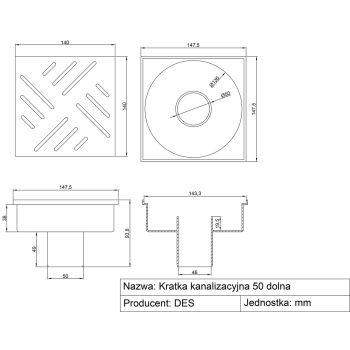 Kratka ściekowa CHROM DN50 15x15 prosta, odpływ dolny,bez regulacji