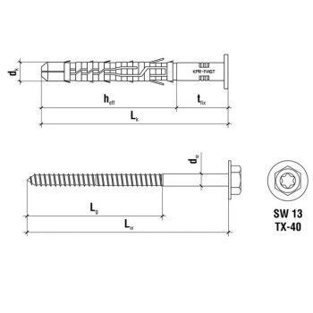 Kołki ramowe rozporowe z wkrętem z łbem sześciokątnym 12x120 (6 szt.)  i gniazdem TX WKRĘT-MET